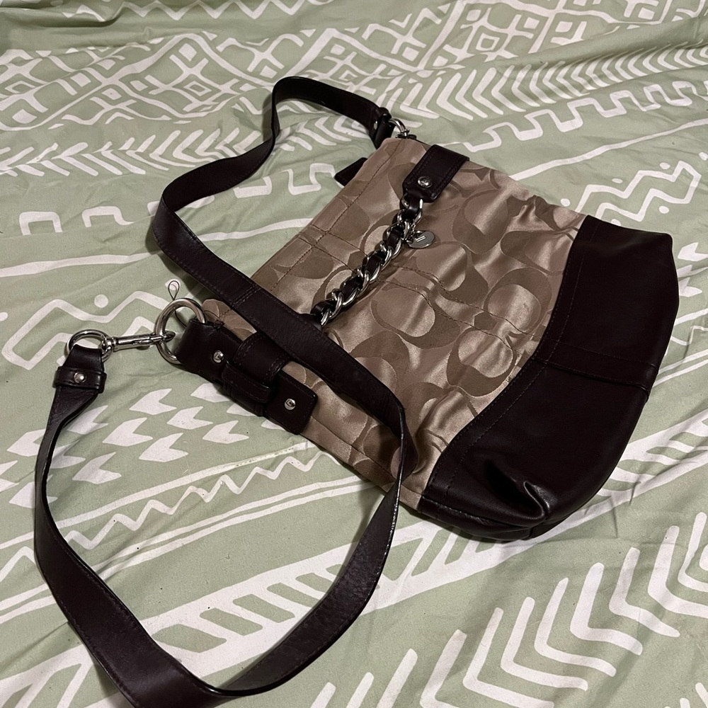 Coach Brown and Tan Signature Shoulder Bag